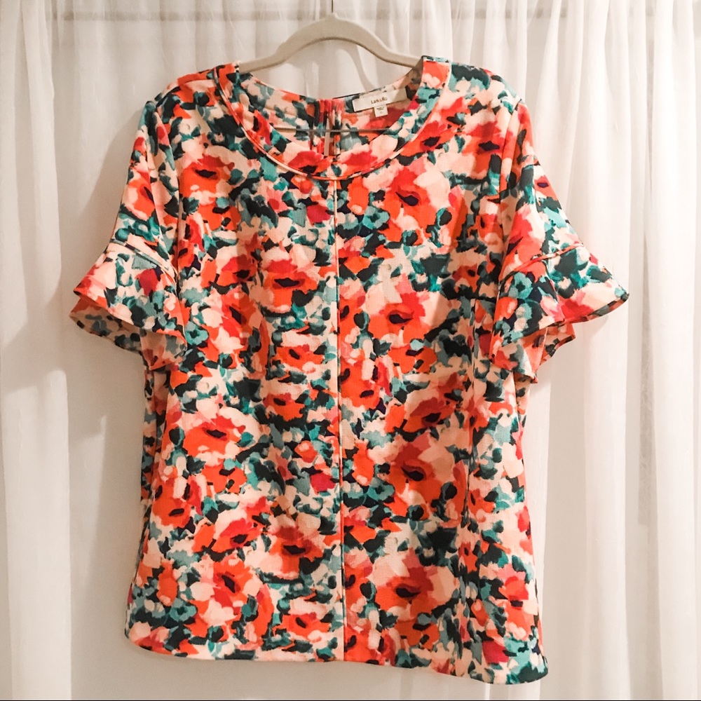 Lark & Ro Floral XL Blouse Ruffle Sleeves